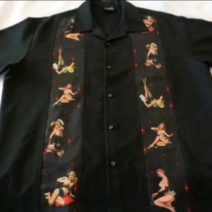 VINTAGE STEADY LAST CALL (USA) MENS XL IN BLACK W/ TEN PIN-UPS ON FRONT